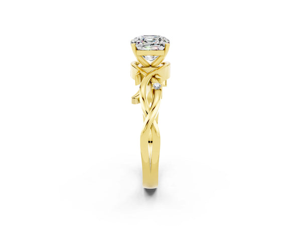 Yellow gold Cushion Cut Moissanite Solitaire Ring with Twisted Band and Prong Setting