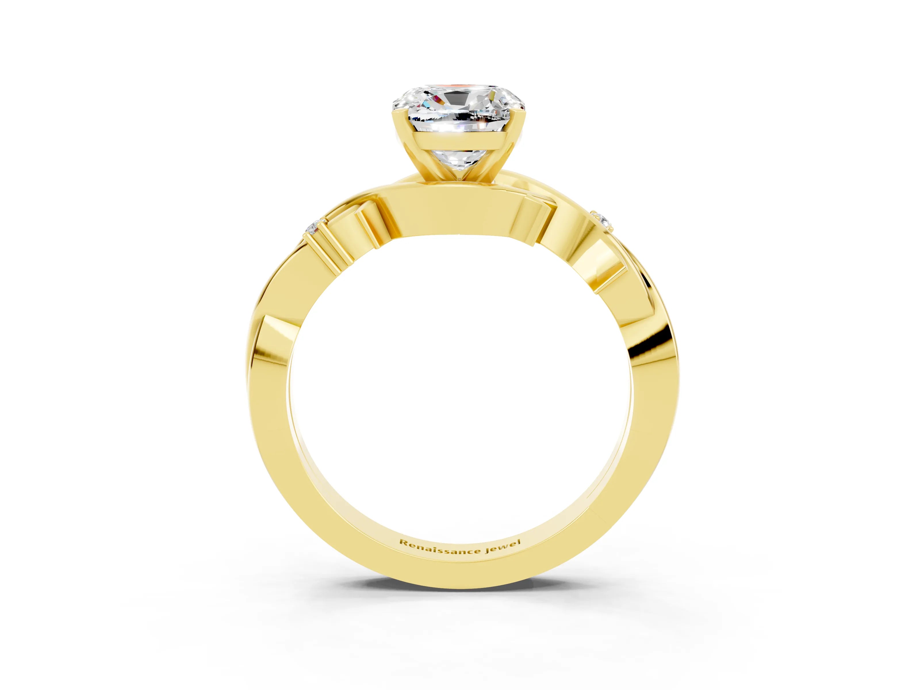 Yellow gold Cushion Cut Moissanite Solitaire Ring with Twisted Band and Prong Setting_3