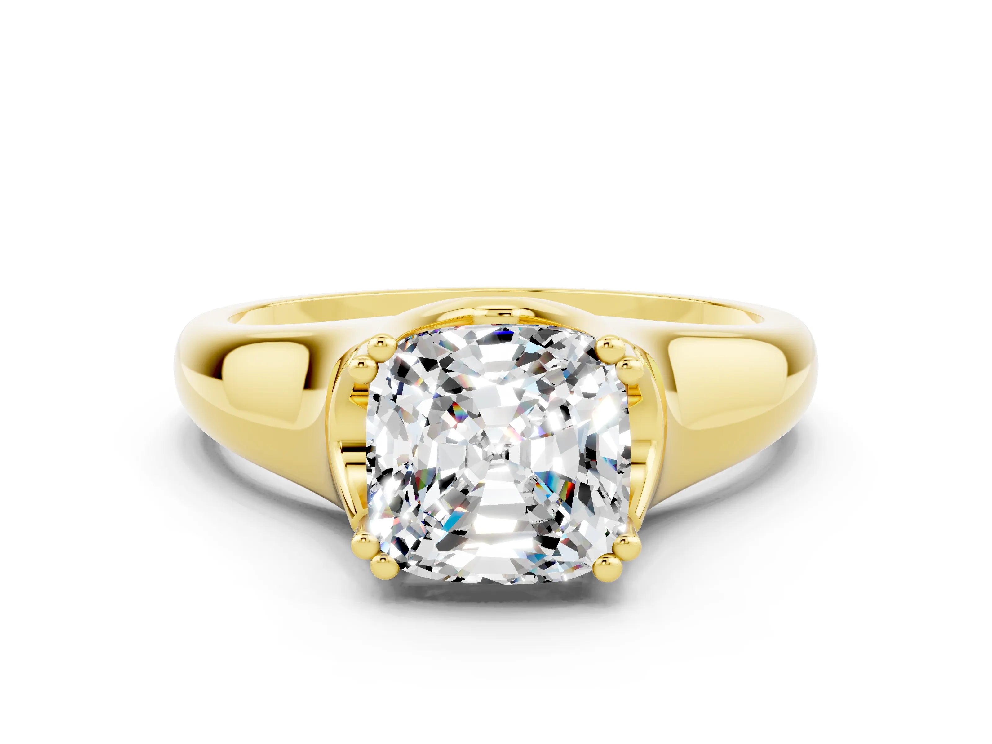 Yellow gold Cushion Cut Moissanite Solitaire Ring with Wide Band and Prong Setting