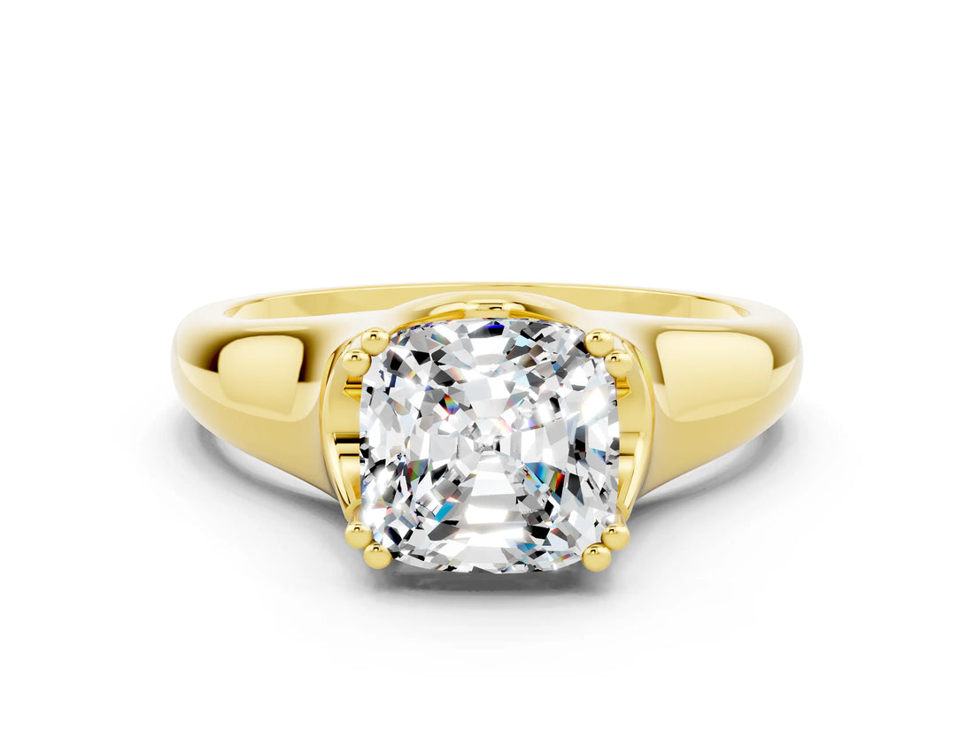 Yellow gold Cushion Cut Moissanite Solitaire Ring with Wide Band and Prong Setting