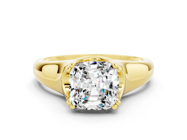 Yellow gold Cushion Cut Moissanite Solitaire Ring with Wide Band and Prong Setting