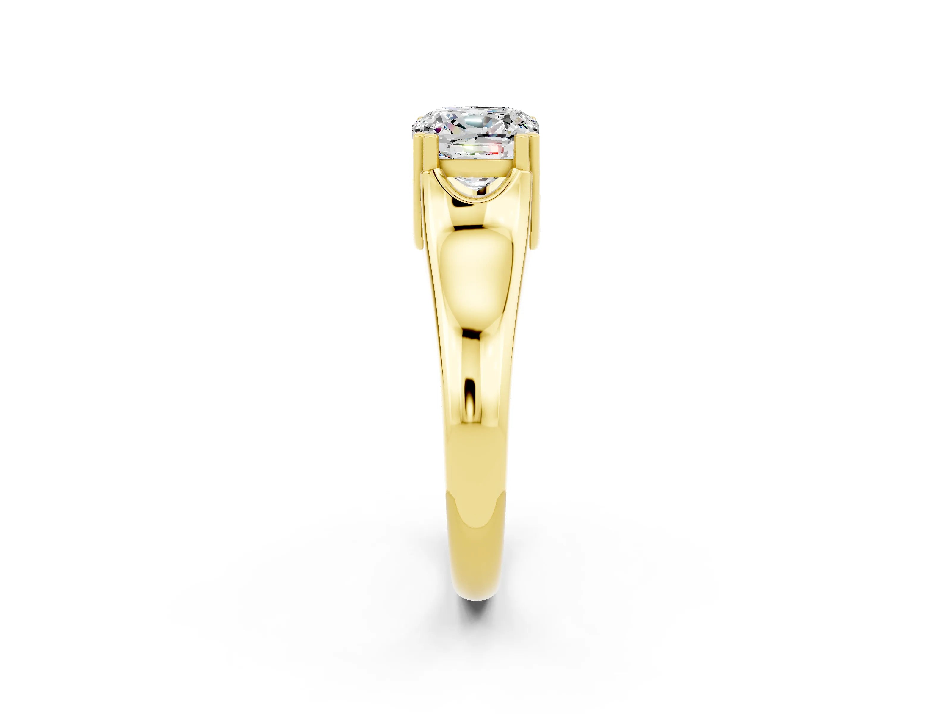 Yellow gold Cushion Cut Moissanite Solitaire Ring with Wide Band and Prong Setting_2