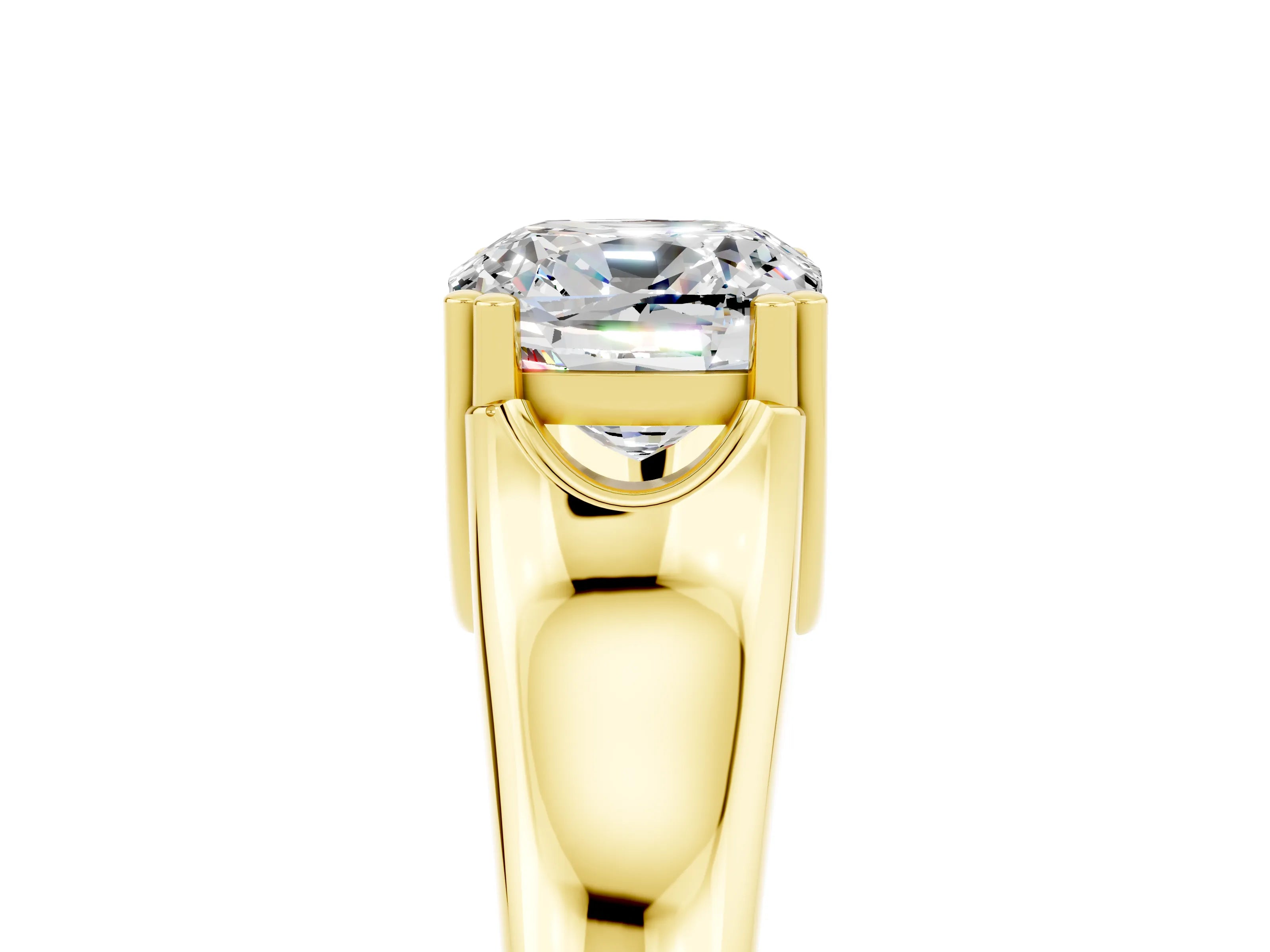 Yellow gold Cushion Cut Moissanite Solitaire Ring with Wide Band and Prong Setting_5