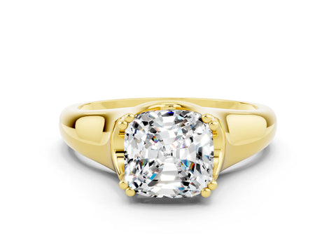 Yellow gold Cushion Cut Moissanite Solitaire Ring with Wide Band and Prong Setting