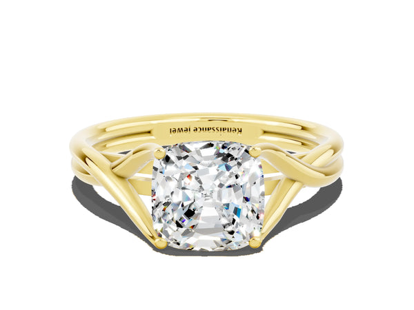 Yellow gold Cushion Cut Moissanite Solitaire Twist Band Prong Setting Ring