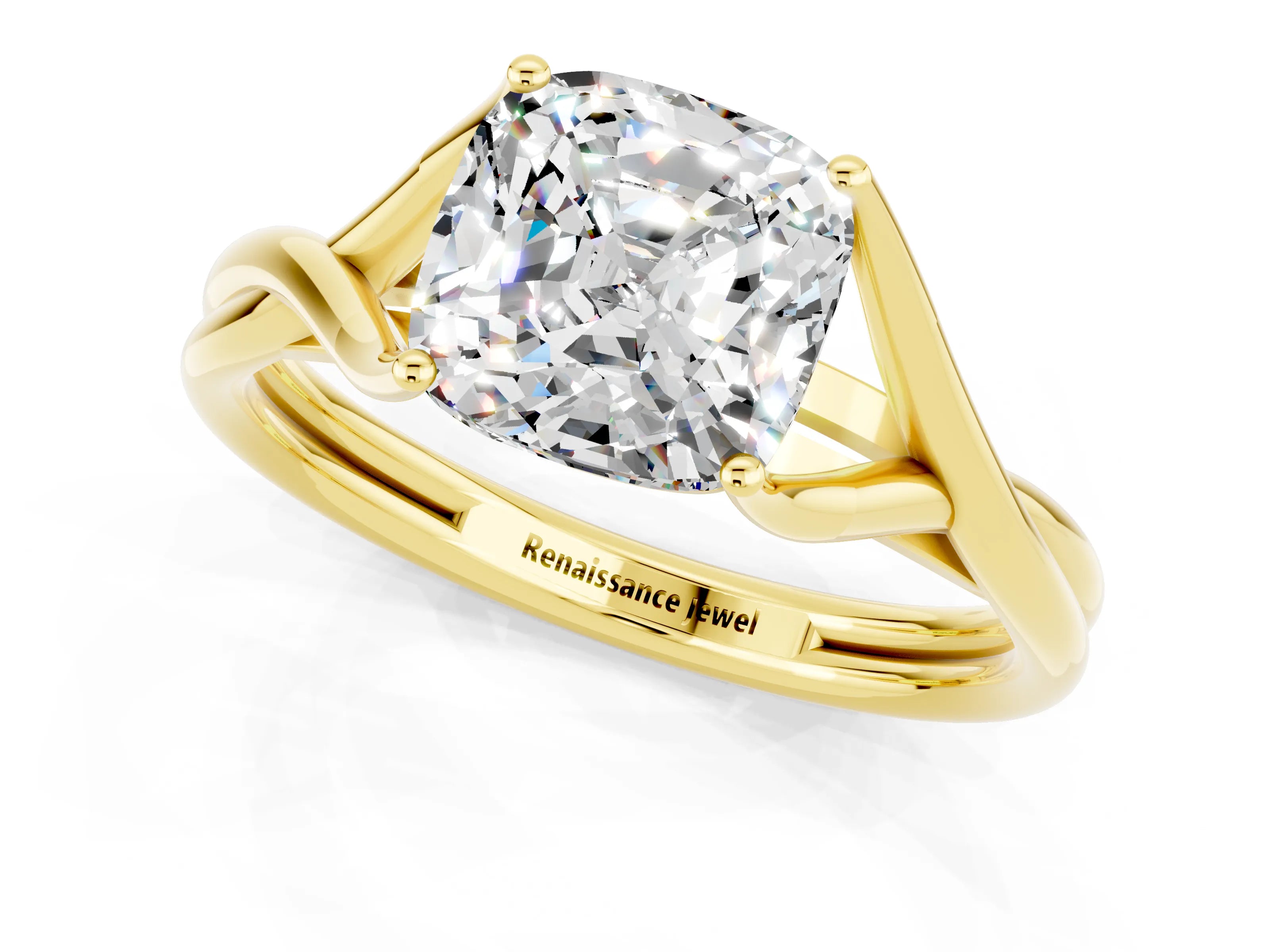 Yellow gold Cushion Cut Moissanite Solitaire Twist Band Prong Setting Ring_37
