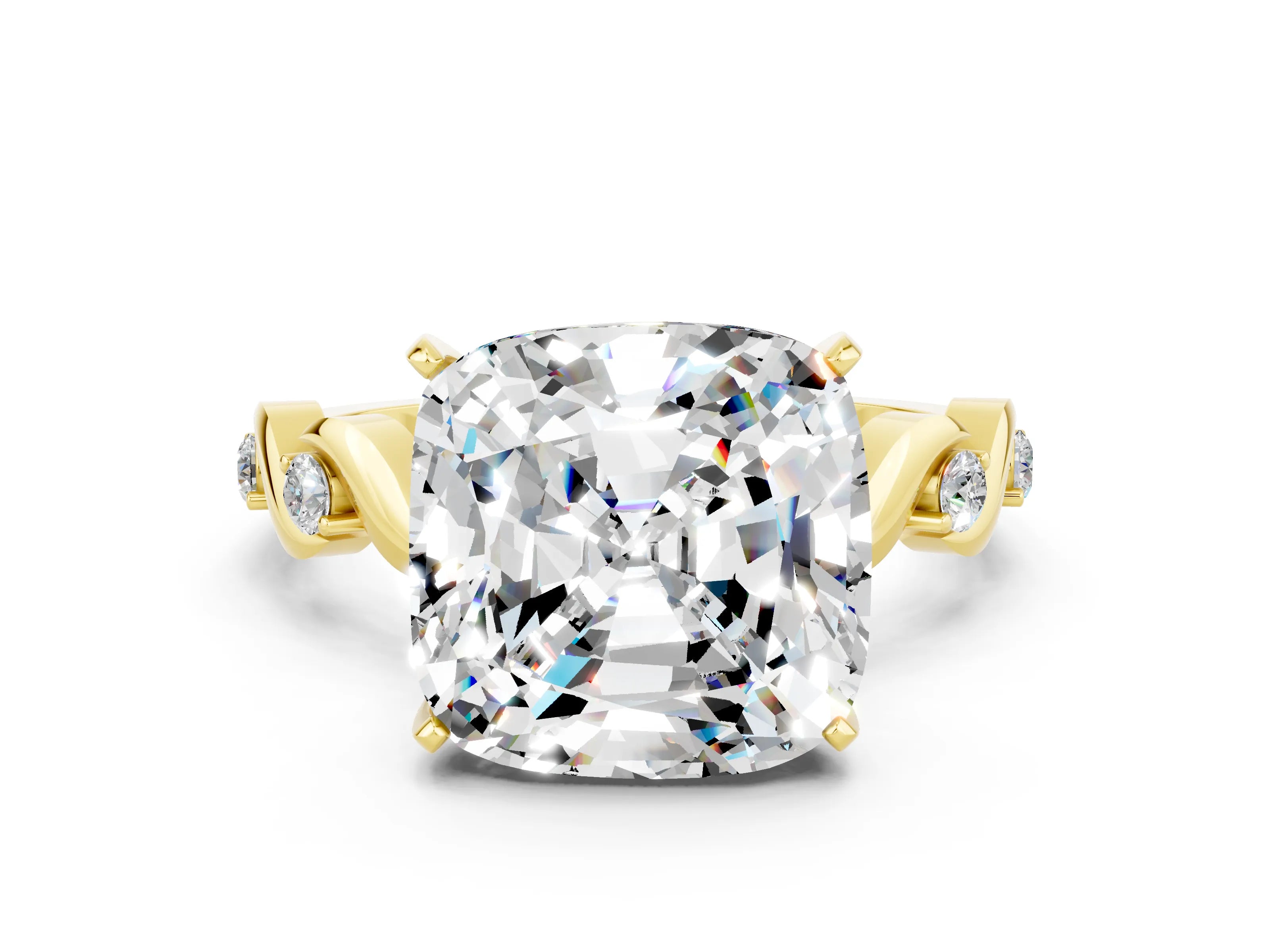 Yellow gold Cushion Cut Moissanite Solitaire Twisted Band with Round  Accents and Prong Setting_12