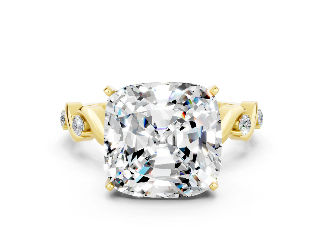Yellow gold Cushion Cut Moissanite Solitaire Twisted Band with Round  Accents and Prong Setting_12
