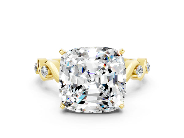 Yellow gold Cushion Cut Moissanite Solitaire Twisted Band with Round  Accents and Prong Setting