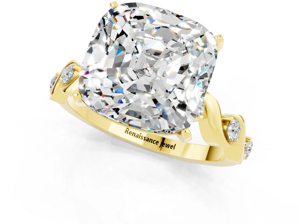 Yellow gold Cushion Cut Moissanite Solitaire Twisted Band with Round  Accents and Prong Setting