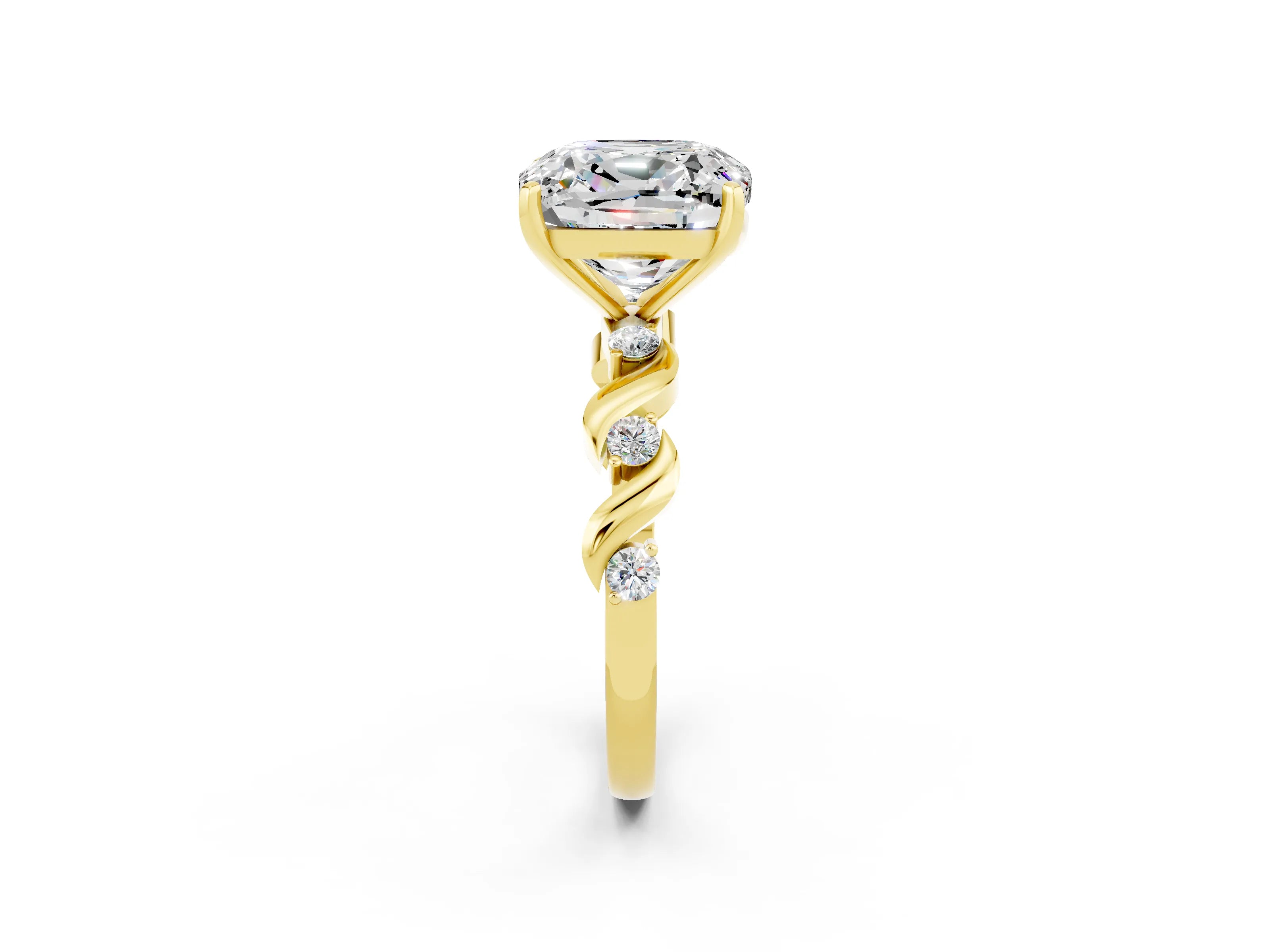 Yellow gold Cushion Cut Moissanite Solitaire Twisted Band with Round  Accents and Prong Setting_14