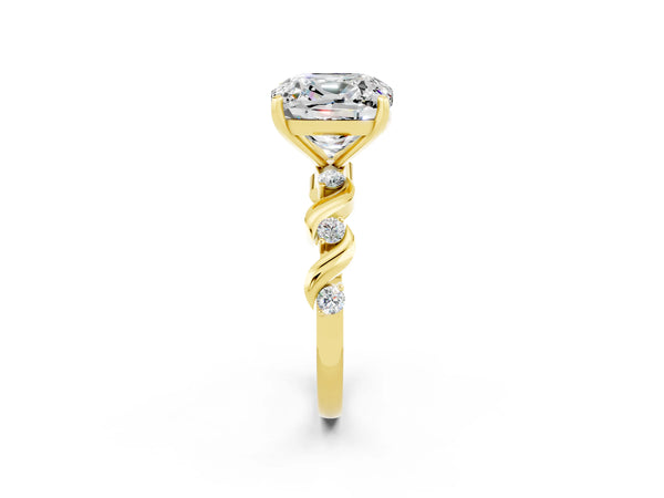 Yellow gold Cushion Cut Moissanite Solitaire Twisted Band with Round  Accents and Prong Setting