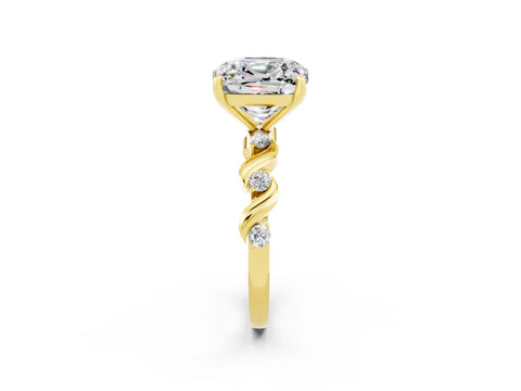 Yellow gold Cushion Cut Moissanite Solitaire Twisted Band with Round  Accents and Prong Setting_14