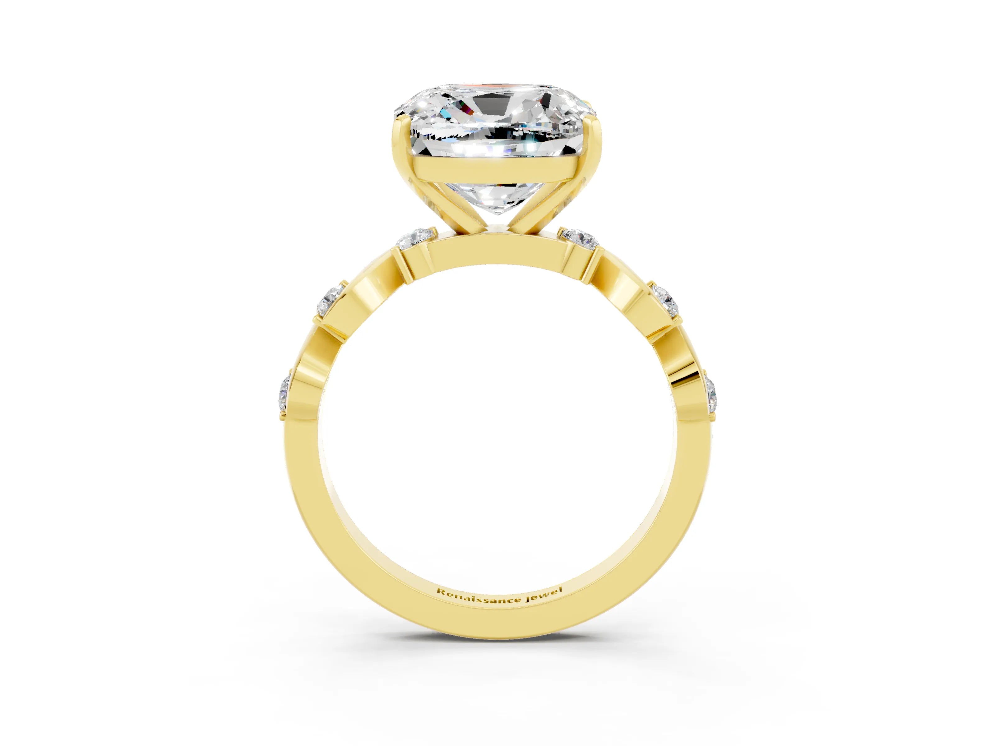 Yellow gold Cushion Cut Moissanite Solitaire Twisted Band with Round  Accents and Prong Setting_15