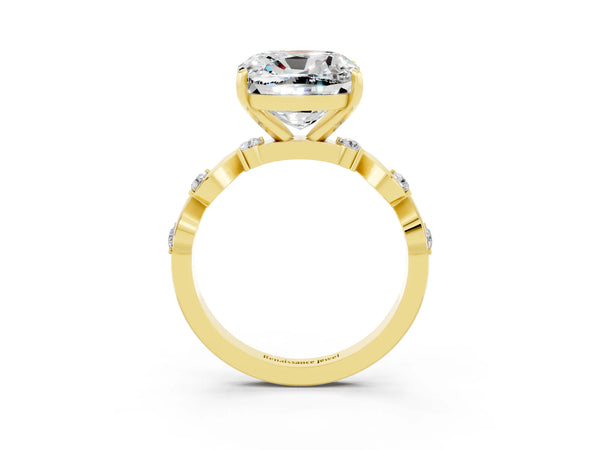 Yellow gold Cushion Cut Moissanite Solitaire Twisted Band with Round  Accents and Prong Setting