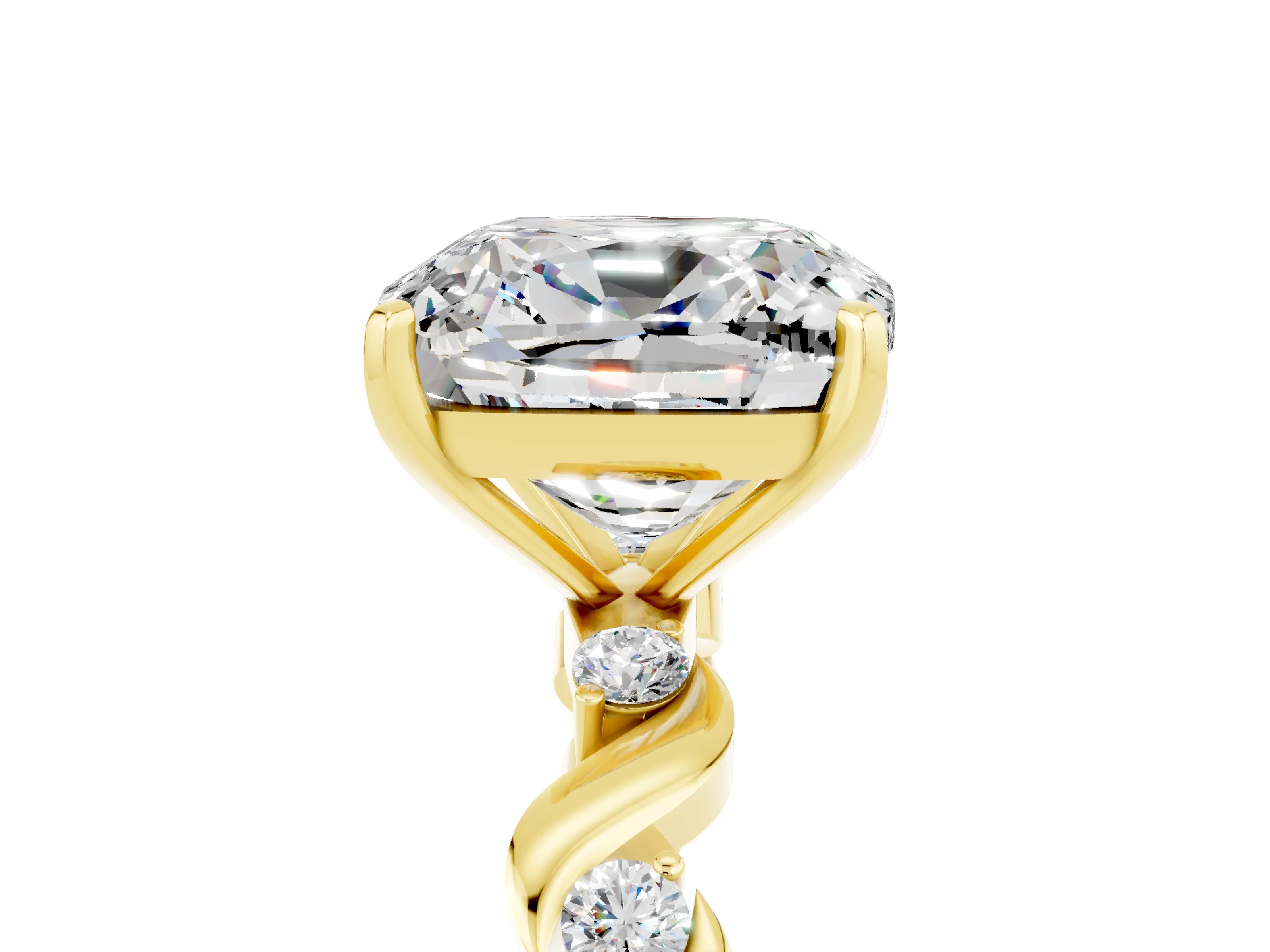 Yellow gold Cushion Cut Moissanite Solitaire Twisted Band with Round  Accents and Prong Setting_17
