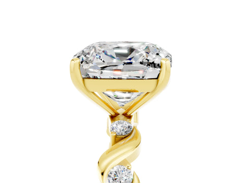 Yellow gold Cushion Cut Moissanite Solitaire Twisted Band with Round  Accents and Prong Setting_17