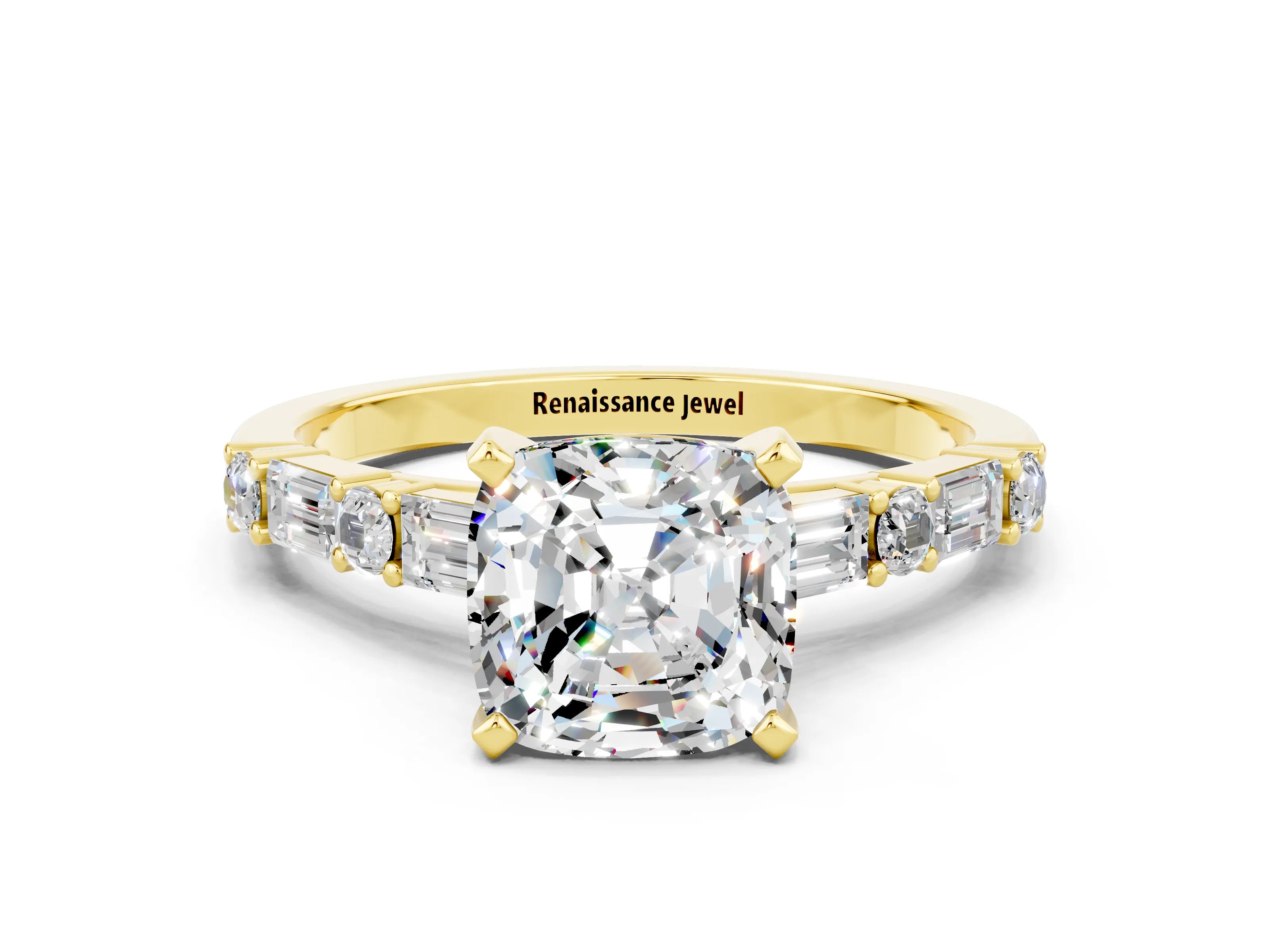 Yellow gold Cushion Cut Moissanite Solitaire with Side Baguettes and Channel Set Band