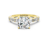Yellow gold Cushion Cut Moissanite Solitaire with Side Baguettes and Channel Set Band
