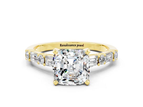 Yellow gold Cushion Cut Moissanite Solitaire with Side Baguettes and Channel Set Band