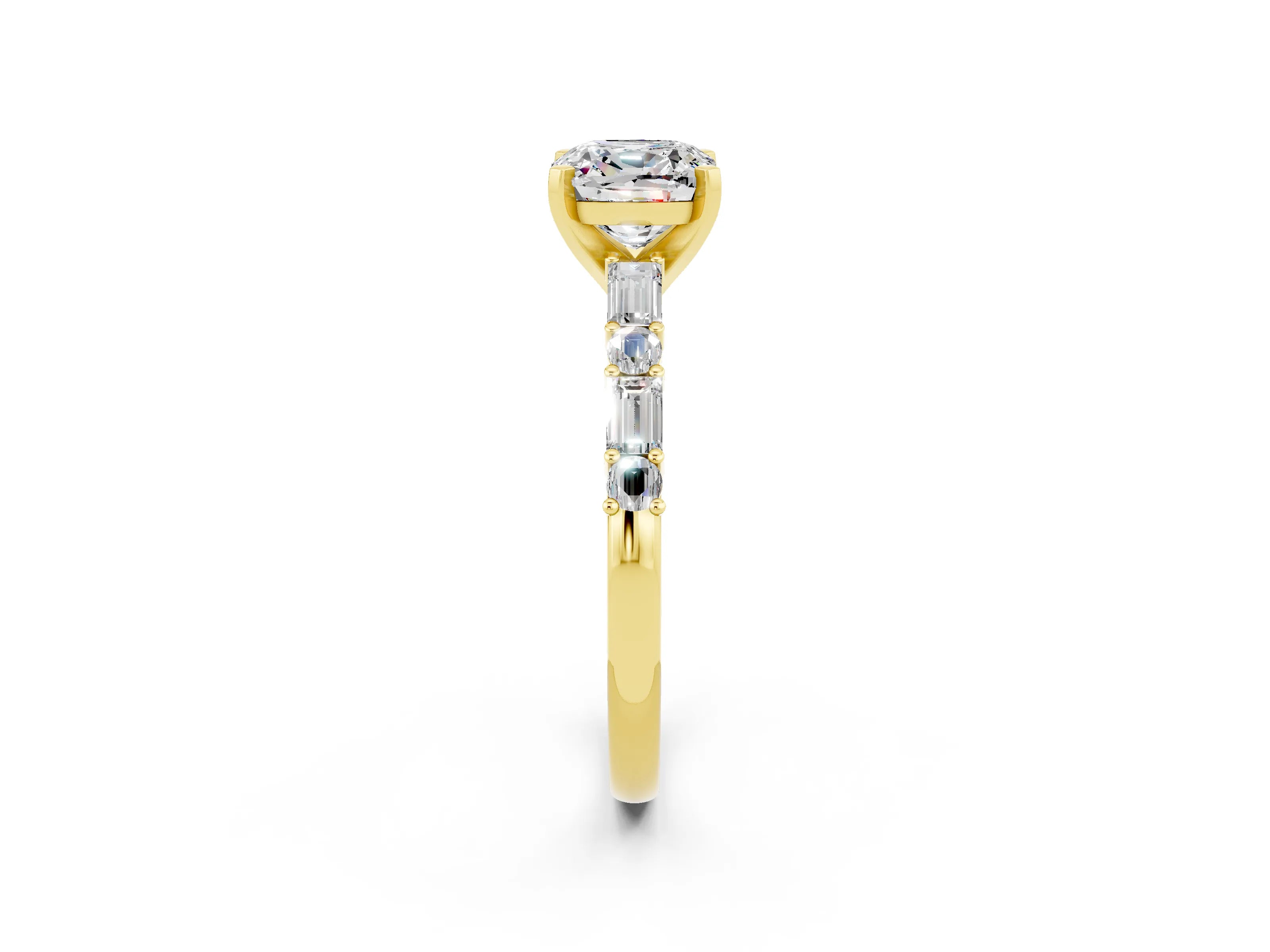 Yellow gold Cushion Cut Moissanite Solitaire with Side Baguettes and Channel Set Band_2
