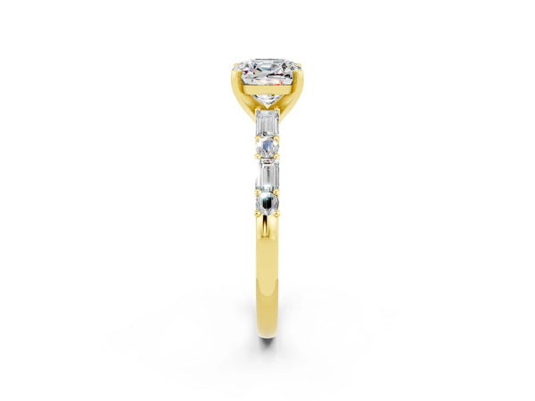 Yellow gold Cushion Cut Moissanite Solitaire with Side Baguettes and Channel Set Band