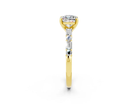 Yellow gold Cushion Cut Moissanite Solitaire with Side Baguettes and Channel Set Band_2