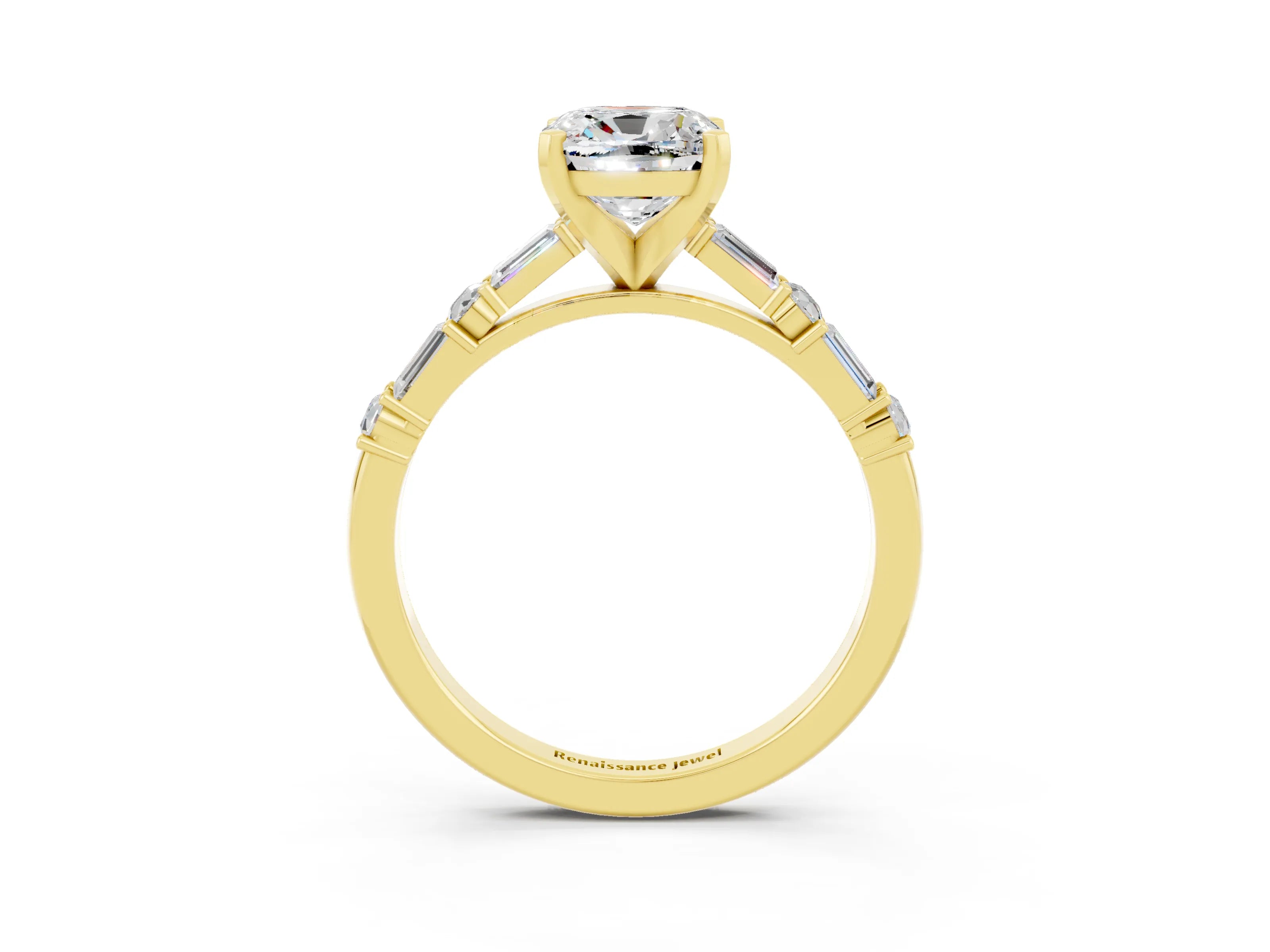 Yellow gold Cushion Cut Moissanite Solitaire with Side Baguettes and Channel Set Band_3