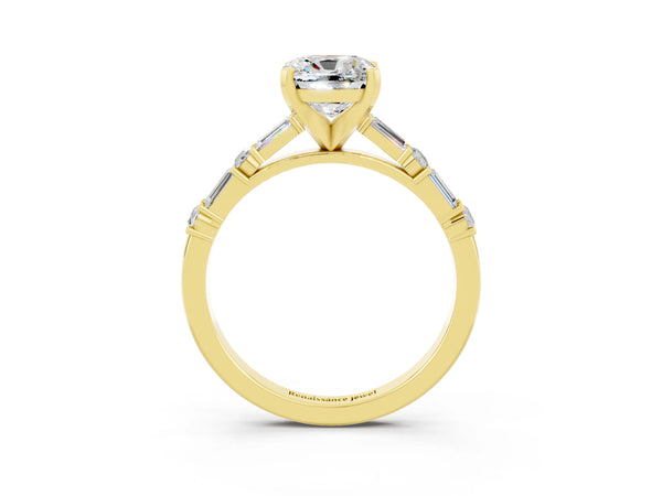 Yellow gold Cushion Cut Moissanite Solitaire with Side Baguettes and Channel Set Band