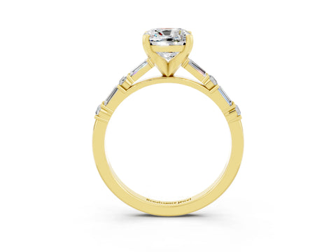 Yellow gold Cushion Cut Moissanite Solitaire with Side Baguettes and Channel Set Band_3