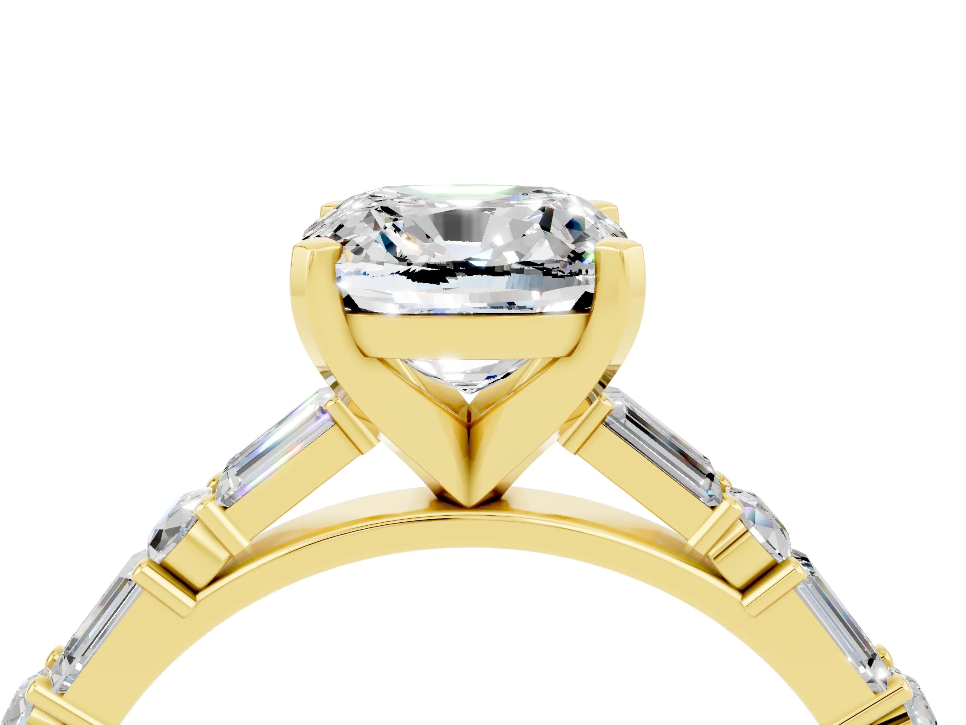 Yellow gold Cushion Cut Moissanite Solitaire with Side Baguettes and Channel Set Band_4