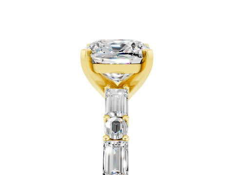 Yellow gold Cushion Cut Moissanite Solitaire with Side Baguettes and Channel Set Band_5