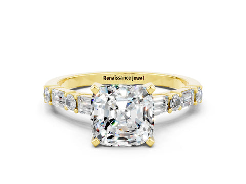 Yellow gold Cushion Cut Moissanite Solitaire with Side Baguettes and Channel Set Band