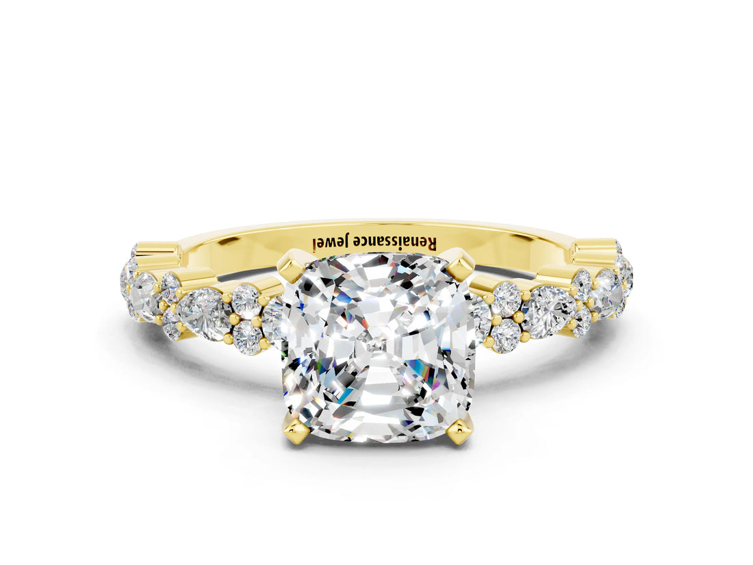 Yellow gold Cushion Cut Moissanite Solitaire with Side Stones, Pave Band, Four-Prong Setting_36