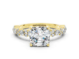 Yellow gold Cushion Cut Moissanite Solitaire with Side Stones, Pave Band, Four-Prong Setting_36
