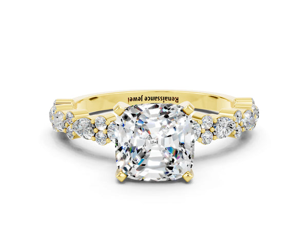 Yellow gold Cushion Cut Moissanite Side Stone Solitaire Ring with Round  and Four-Prong Setting