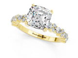 Yellow gold Cushion Cut Moissanite Solitaire with Side Stones, Pave Band, Four-Prong Setting_37
