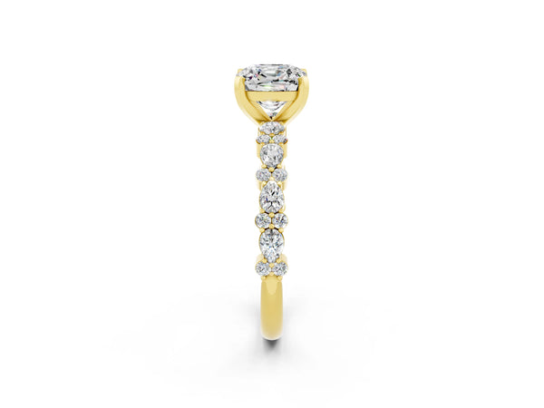 Yellow gold Cushion Cut Moissanite Side Stone Solitaire Ring with Round  and Four-Prong Setting