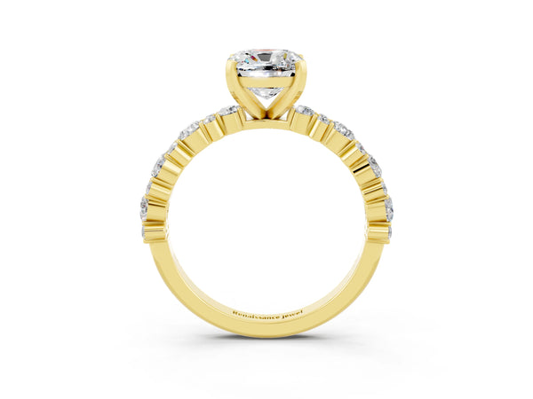 Yellow gold Cushion Cut Moissanite Side Stone Solitaire Ring with Round  and Four-Prong Setting