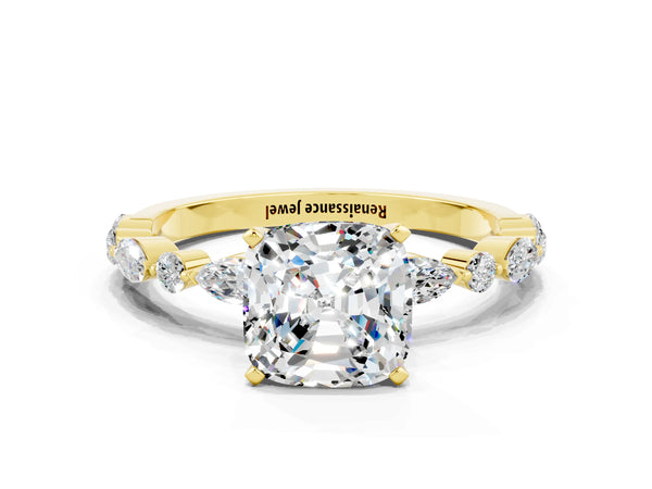 Yellow gold Cushion Cut Moissanite Ring with Marquise and Round  Side Stones and Four-Prong Setting