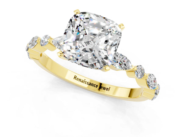 Yellow gold Cushion Cut Moissanite Ring with Marquise and Round  Side Stones and Four-Prong Setting