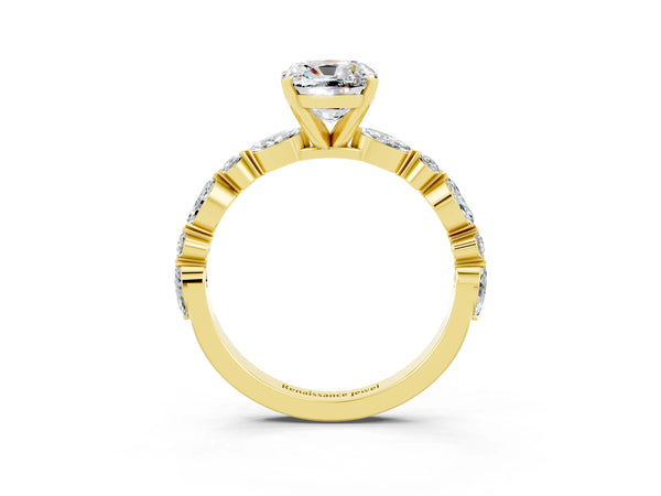 Yellow gold Cushion Cut Moissanite Ring with Marquise and Round  Side Stones and Four-Prong Setting