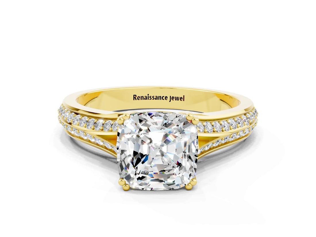 Yellow gold Cushion Cut Moissanite Split Shank Engagement Ring with Pavé Band