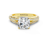 Yellow gold Cushion Cut Moissanite Split Shank Engagement Ring with Pavé Band