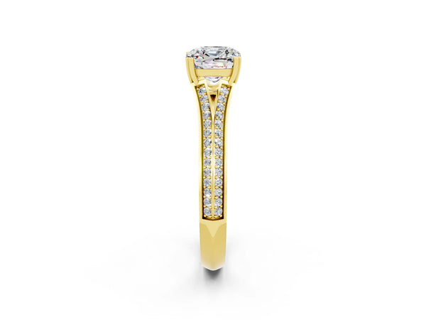 Yellow gold Cushion Cut Moissanite Split Shank Engagement Ring with Pavé Band