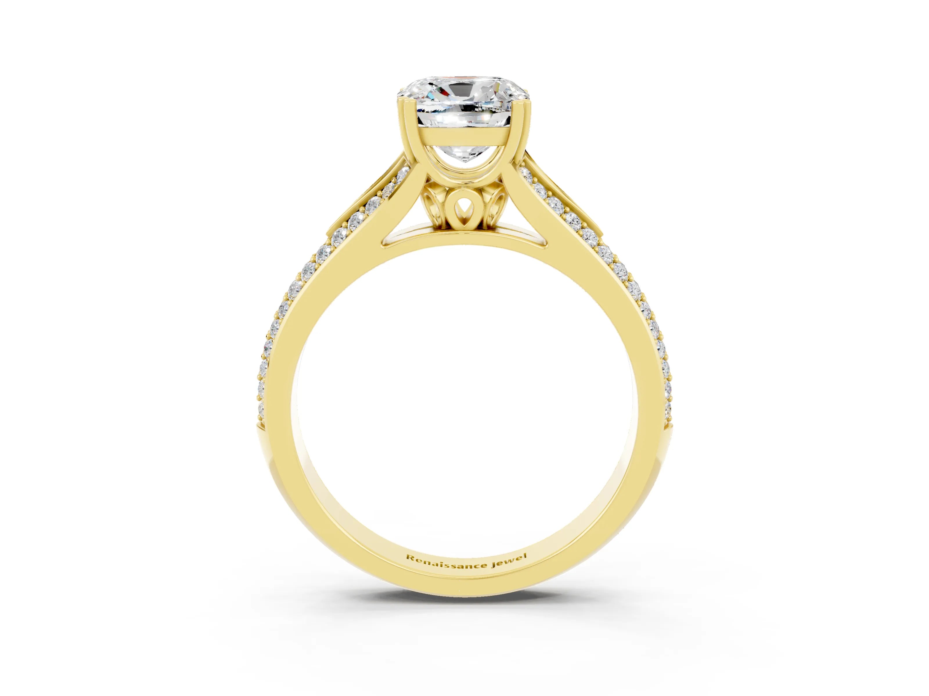 Yellow gold Cushion Cut Moissanite Split Shank Engagement Ring with Pavé Band_3