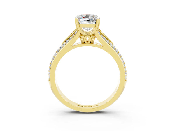 Yellow gold Cushion Cut Moissanite Split Shank Engagement Ring with Pavé Band
