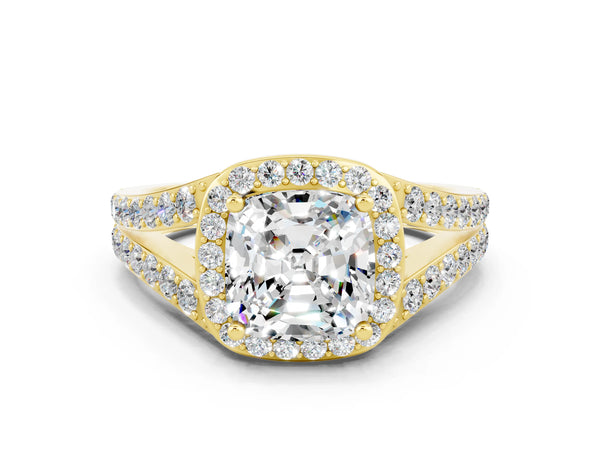 Yellow gold Cushion Cut Moissanite Split Shank Halo Ring with Four-Prong Setting