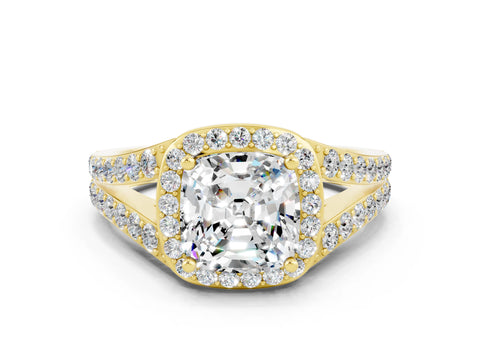 Yellow gold Cushion Cut Moissanite Split Shank Halo Ring with Four-Prong Setting_12