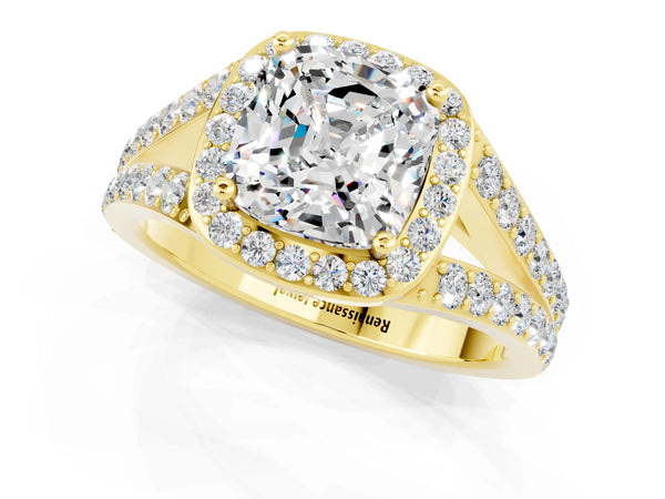 Yellow gold Cushion Cut Moissanite Split Shank Halo Ring with Four-Prong Setting